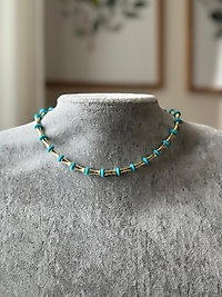 Gold Boru Boncuk Mavi Detay Kolye