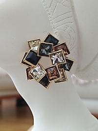 Kare Siyah Bronz Gümüş Taşlı  Halka Küpe