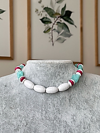 Beyaz,Turkuaz ve Kırmızı Boncuk Kolye