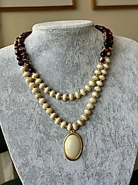 Krem Kahve Oval Detay Boncuk Kolye