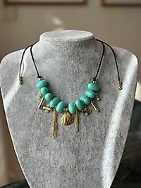 Midye Gold Kolye Mavi Boncuk Detay