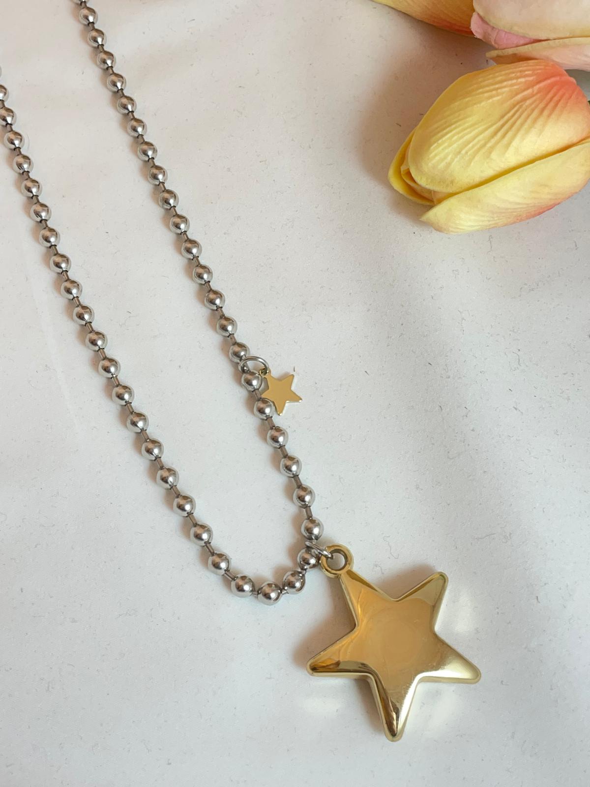 Gümüş Top Zincir Gold Yıldız Kolye