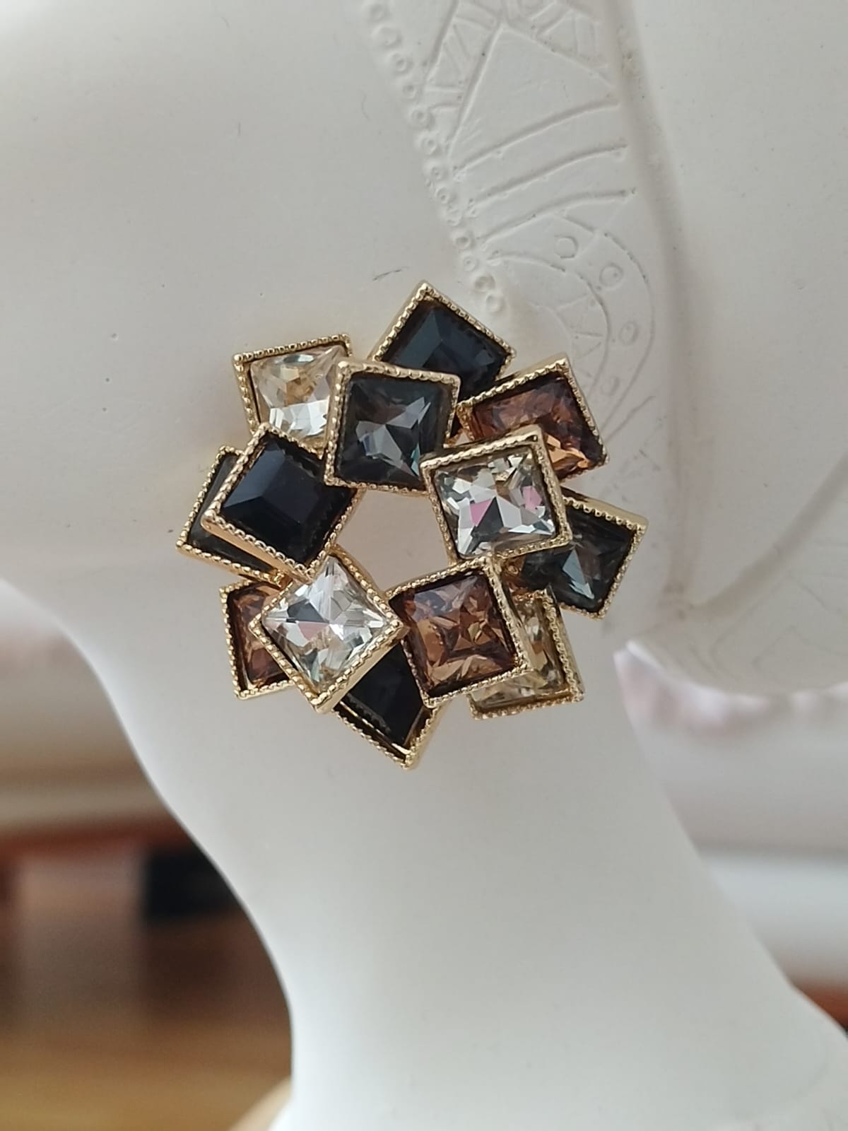 Kare Siyah Bronz Gümüş Taşlı  Halka Küpe