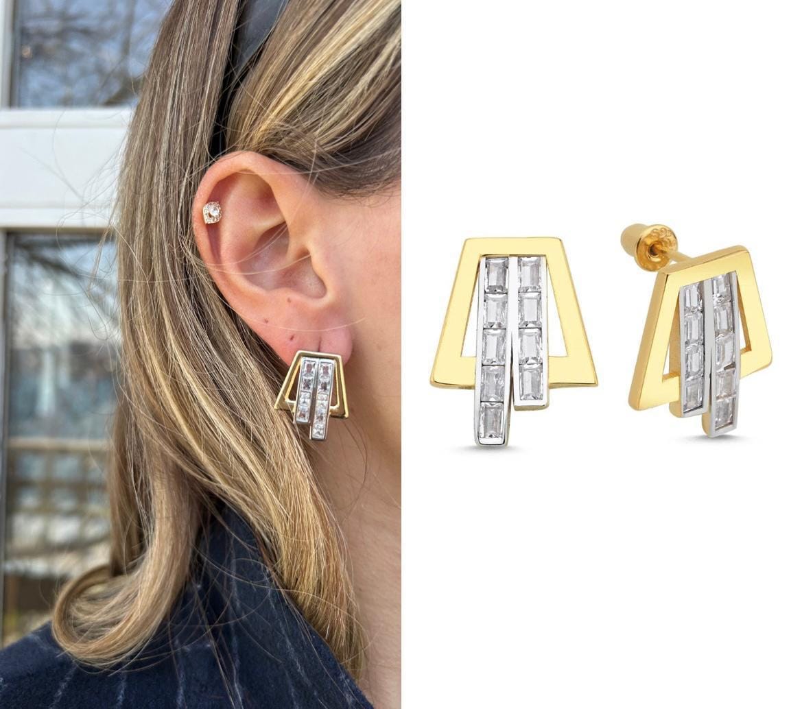 Gold Ve Gümüş Renk Zirkon Sıra Taş Marka Küpe