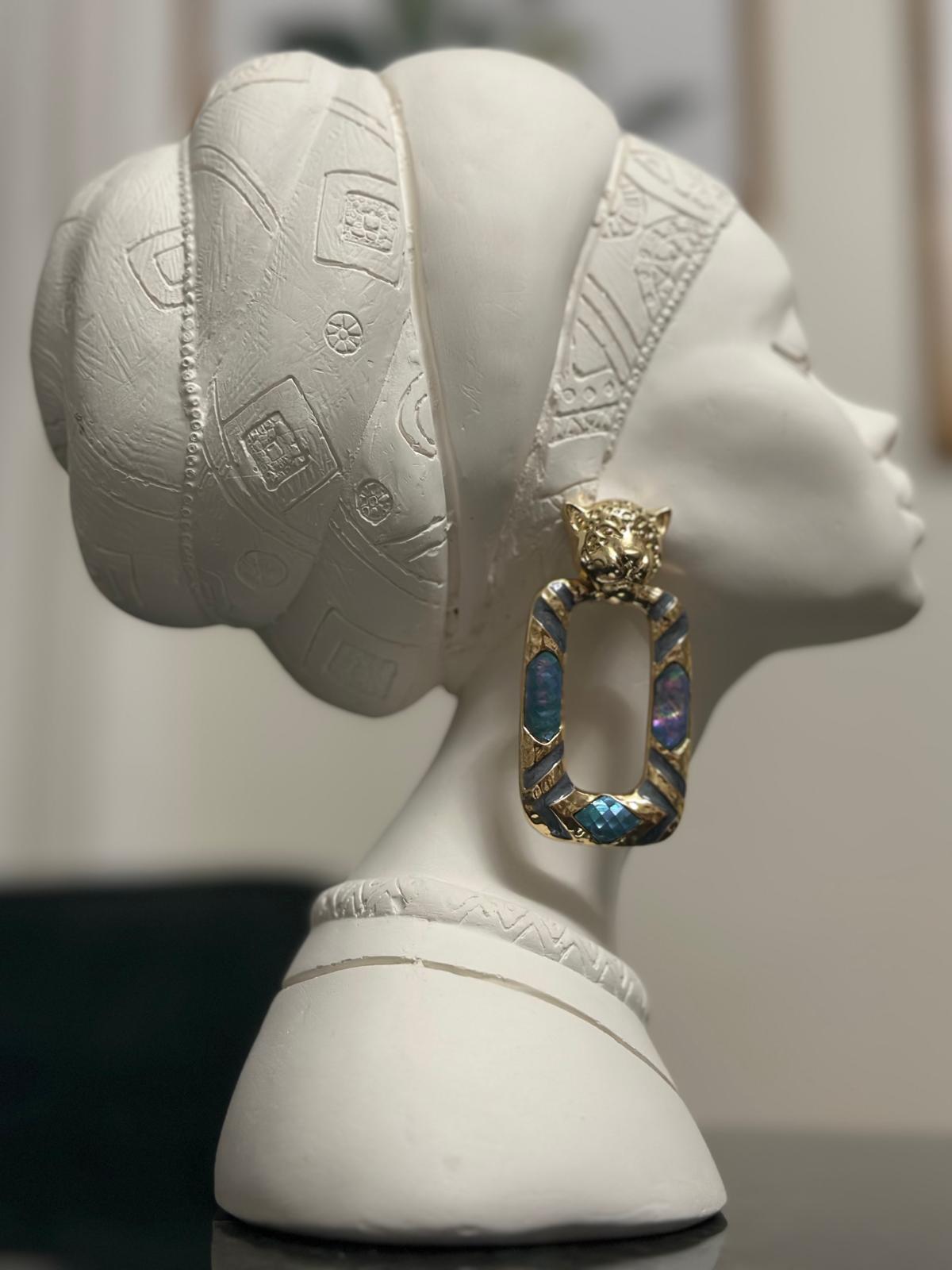 Kare Kaplan Küpe Mavi Yeşil Ebruli Tonlarda