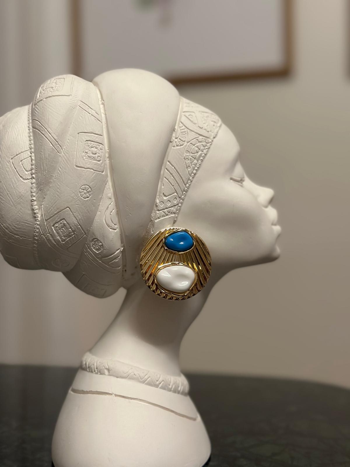 Gold Yuvarlak Mavi Beyaz Küpe